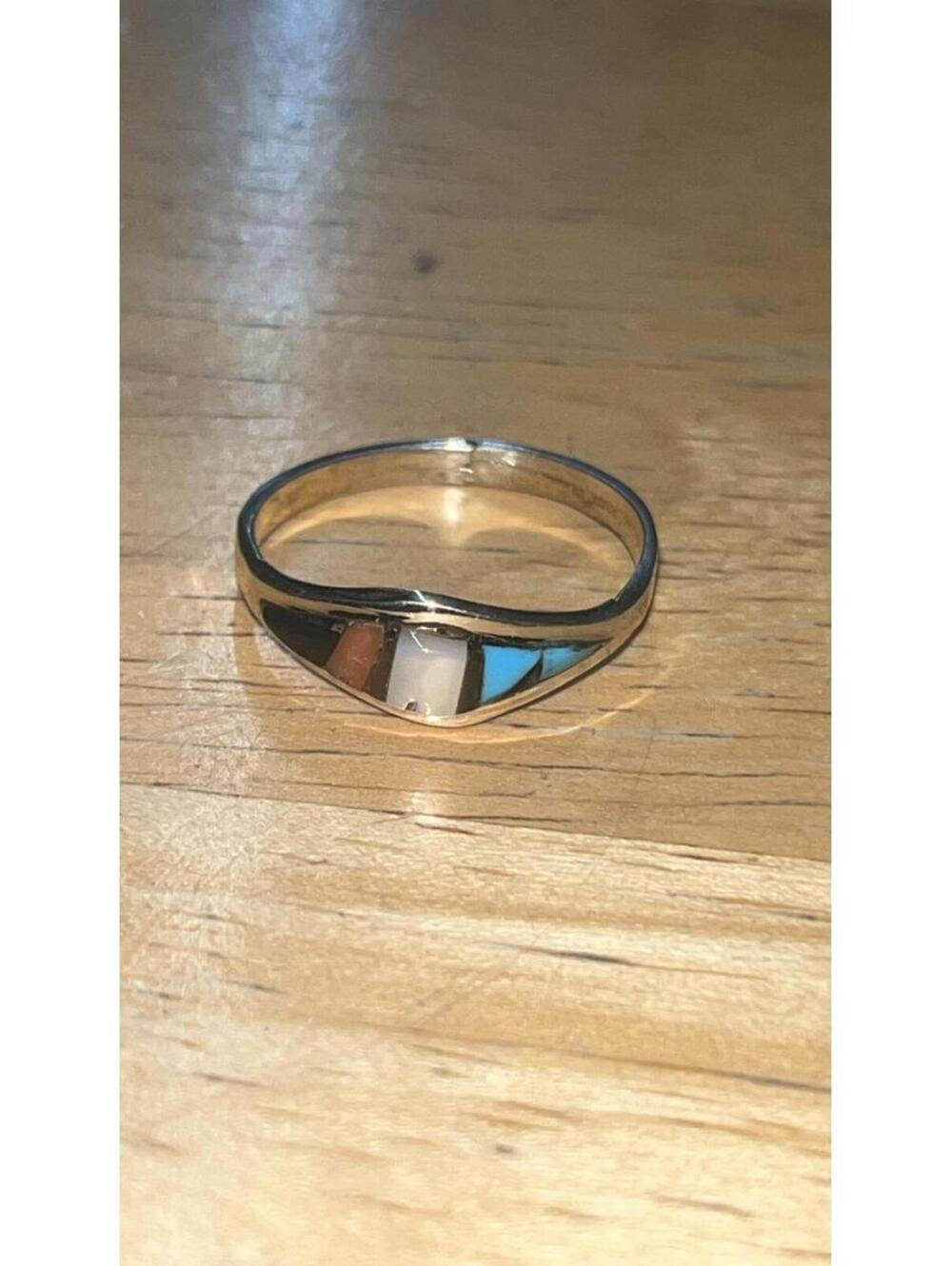Zuni sterling silver turquoise coral inlay traditional ring size 7 -Clinton